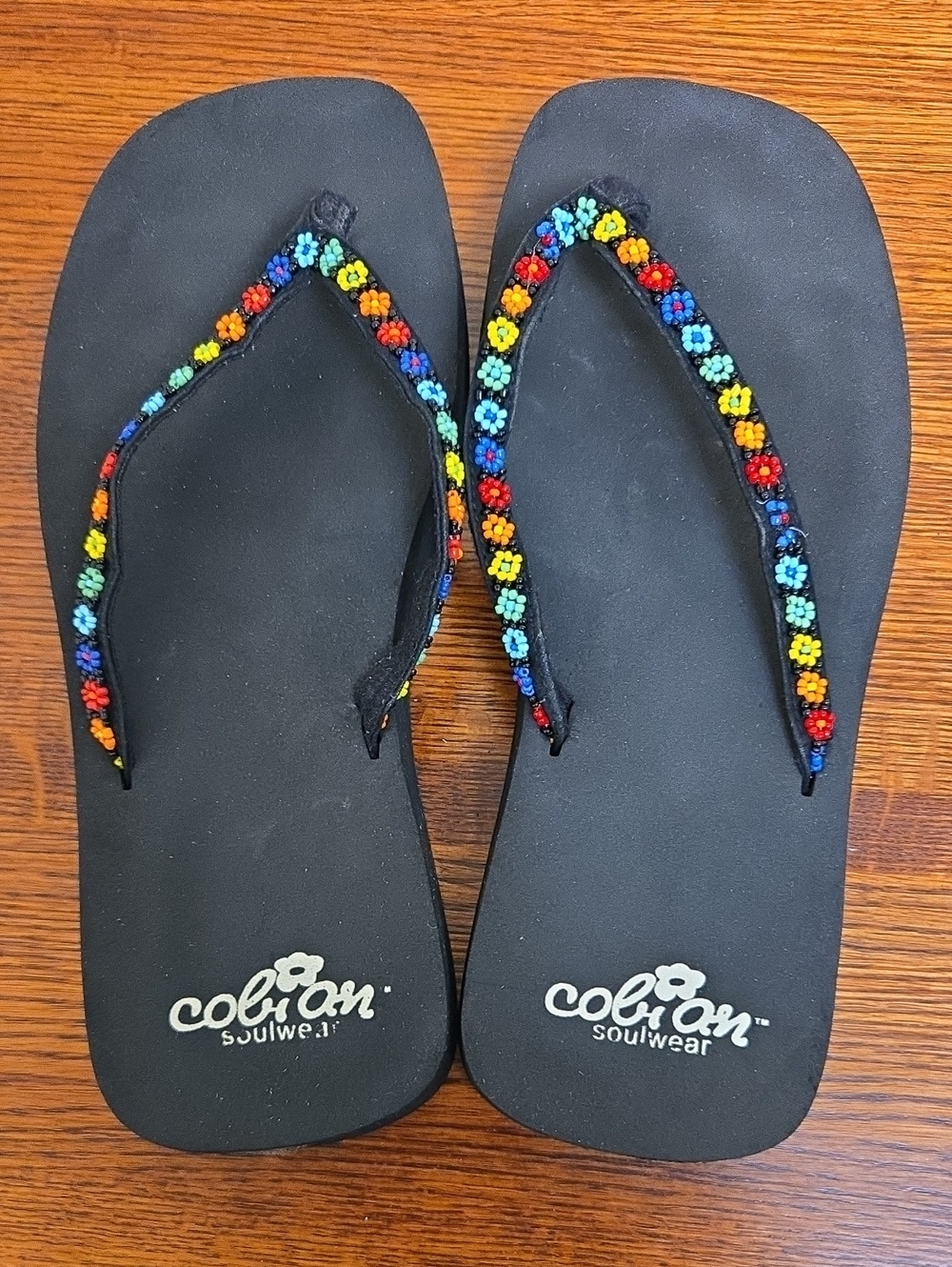 COBIAN Black Flip Flops with Multicolor Beaded Floral Straps